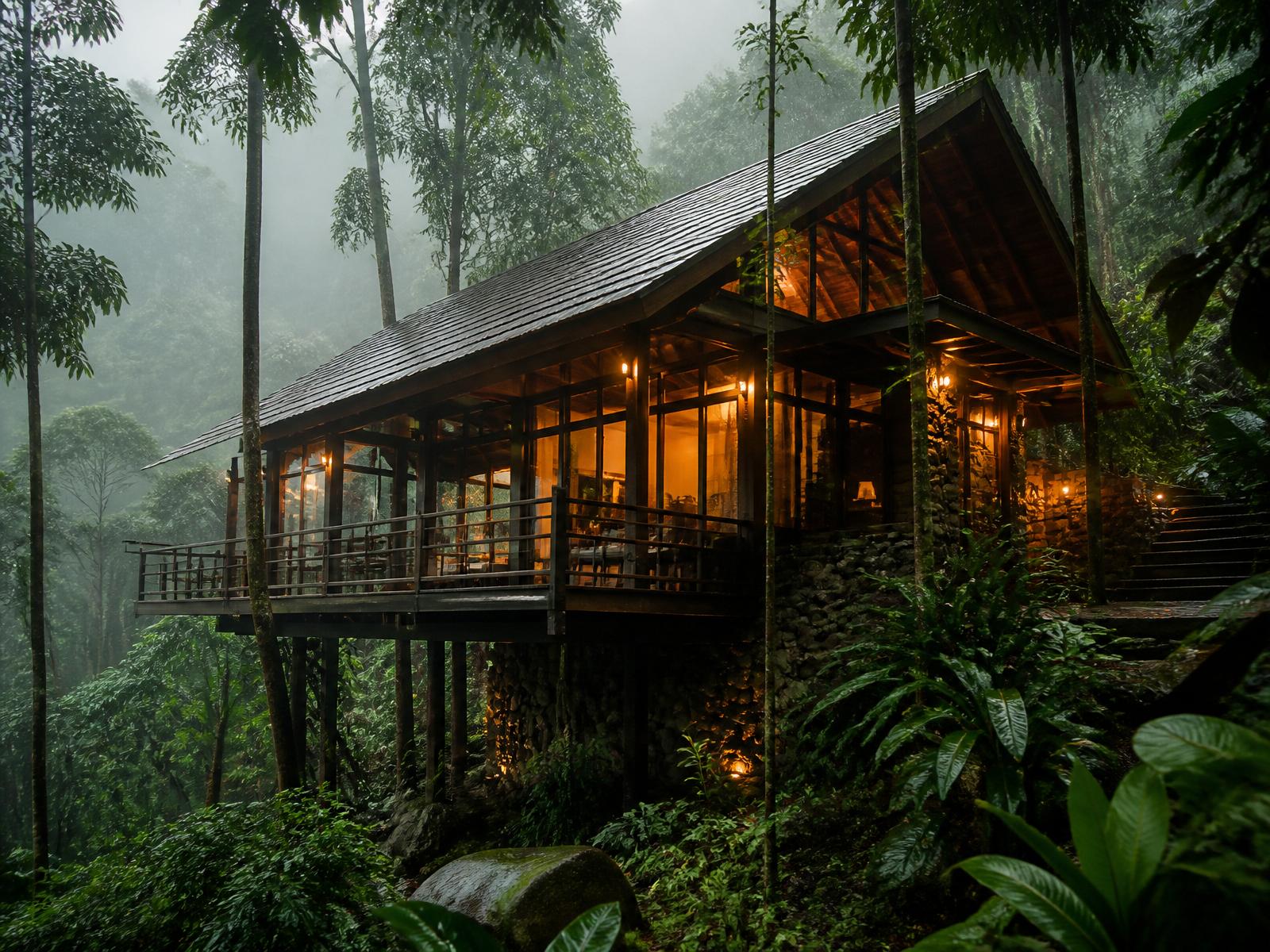 A forest villa nestled in mist